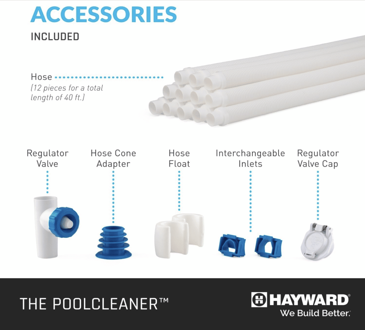 Pool cleaner accessories with hose and valves.