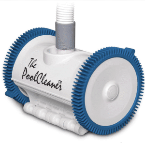Automatic pool cleaner with blue wheels.