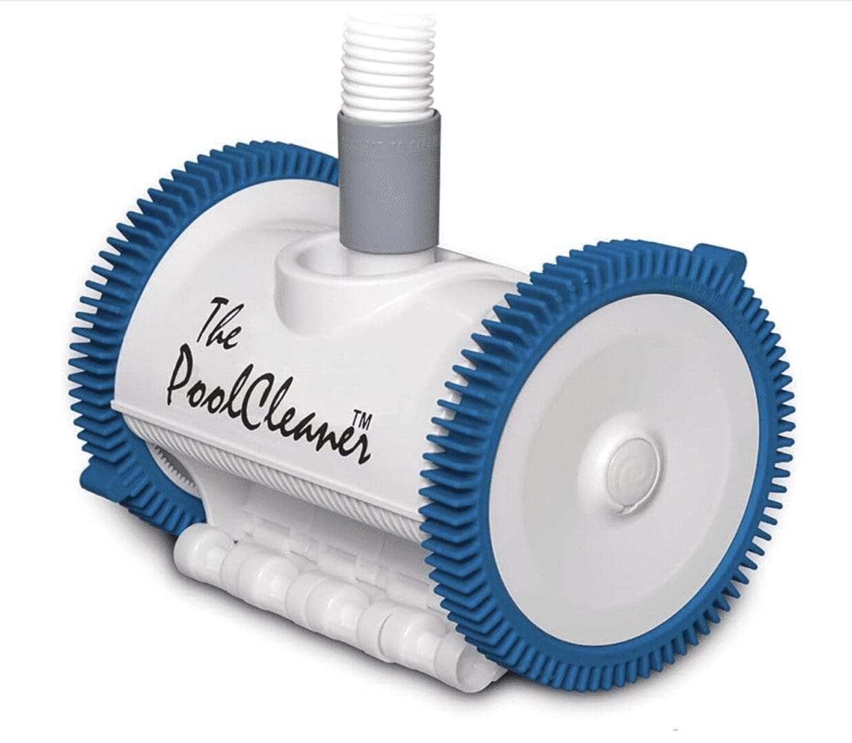 Automatic pool cleaner with blue wheels.