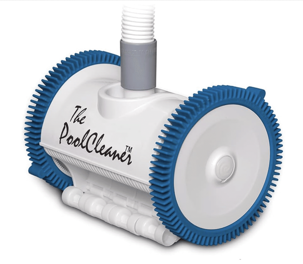 Automatic pool cleaner with blue wheels.