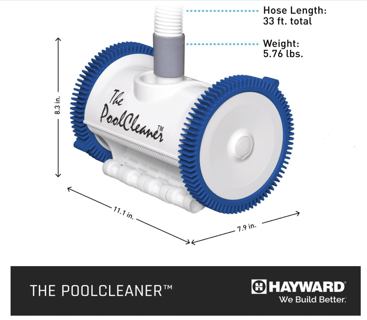 Pool cleaner dimensions and specifications illustration.