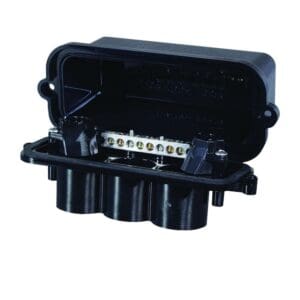 Black automotive electrical junction box open.