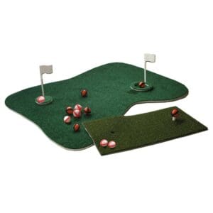 Green putting mat with flags and golf balls