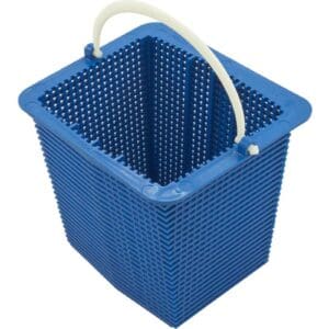 Blue pool skimmer basket with white handle