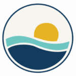 Sunset over stylized ocean waves logo.