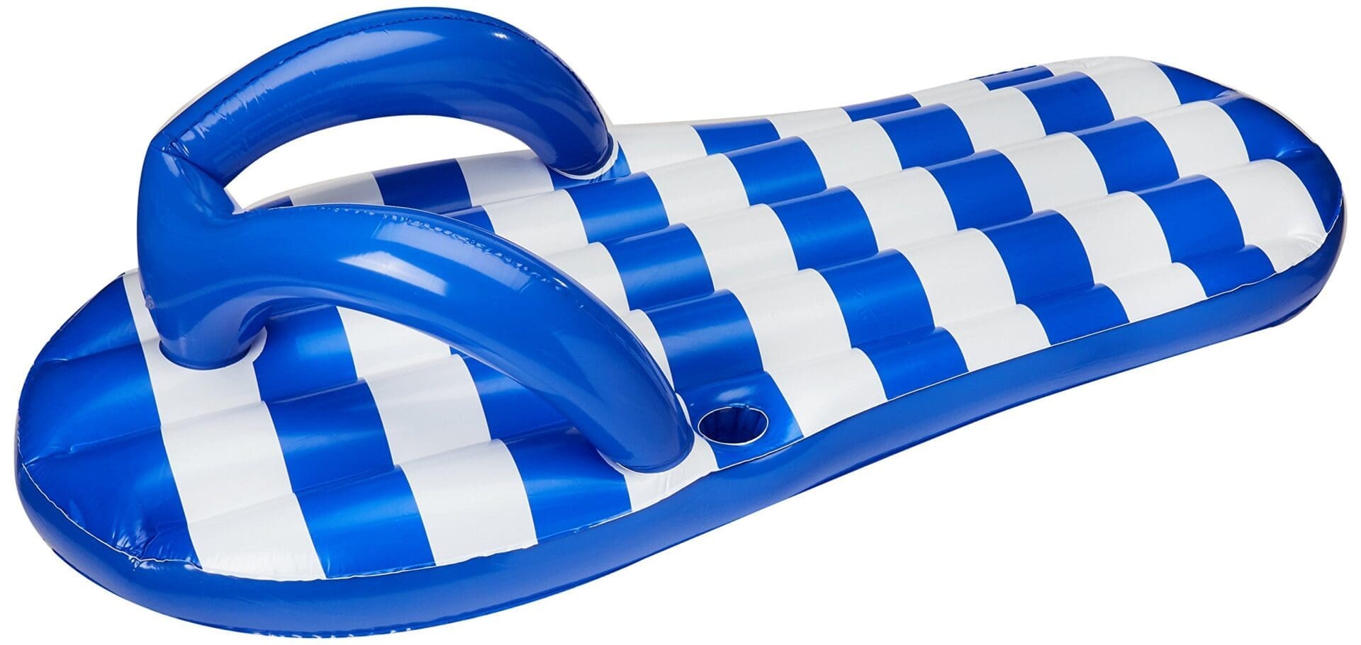 Inflatable sandal-shaped pool float, blue and white.
