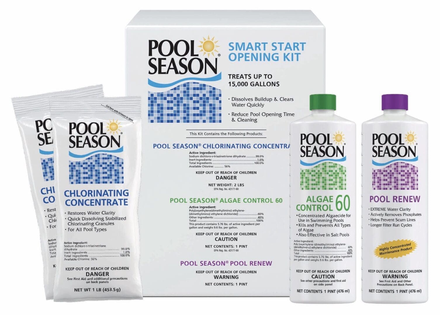 Pool Season opening kit with bottles and packets